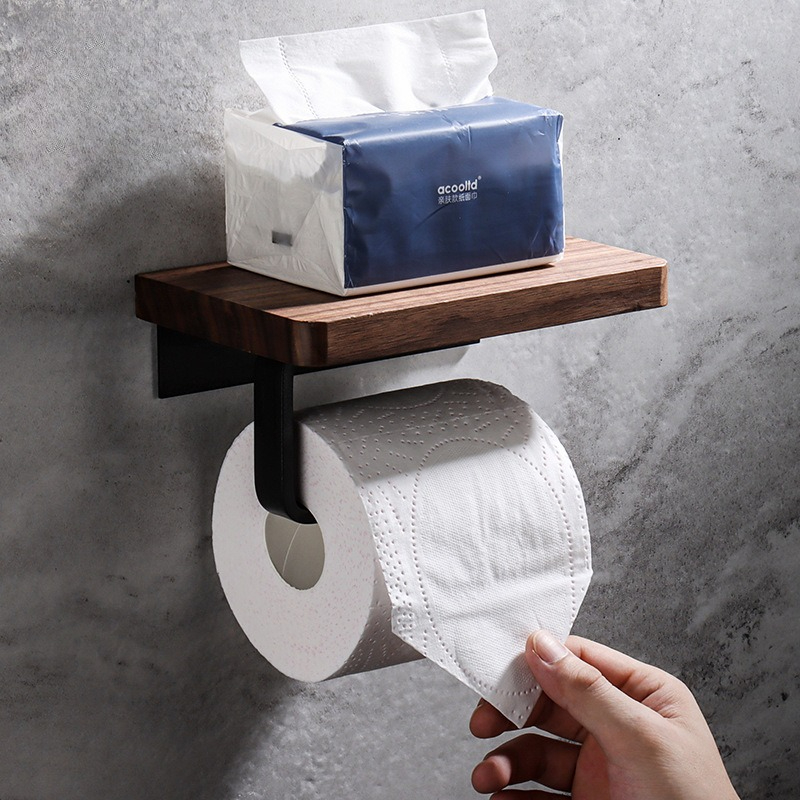 Home Bathroom Towel Dispenser - Solid Wood Tissue Holder No Drill