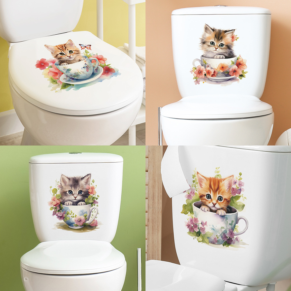 Home Bathroom Tiles - Cute Tea Cup Cat Flower Wall