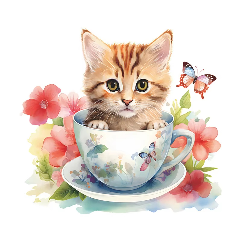 Teacup Cat Flower Wall Sticker - Home Bathroom Window ulasan dan harga