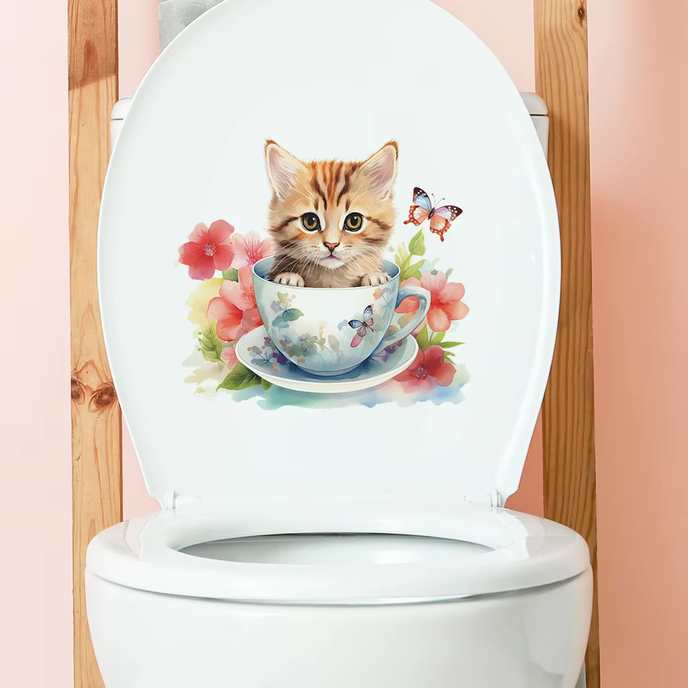 Teacup Cat Flower Wall Sticker - Home Bathroom Window ulasan dan harga
